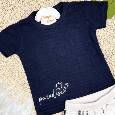 Conj. Camiseta Paradise e Bermuda Sunshine - Marinho e Off White